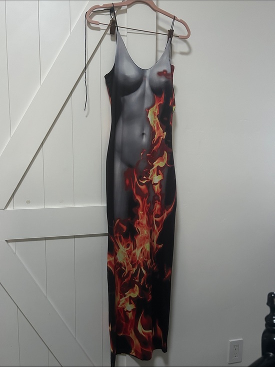 Dresses & Skirts - Flame Print Bodycon Slip Dress - Black & Red
